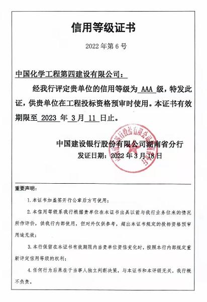 公司榮獲中國(guó)建設(shè)銀行股份有限公司湖南省分行AAA級(jí)信用等級(jí)證書